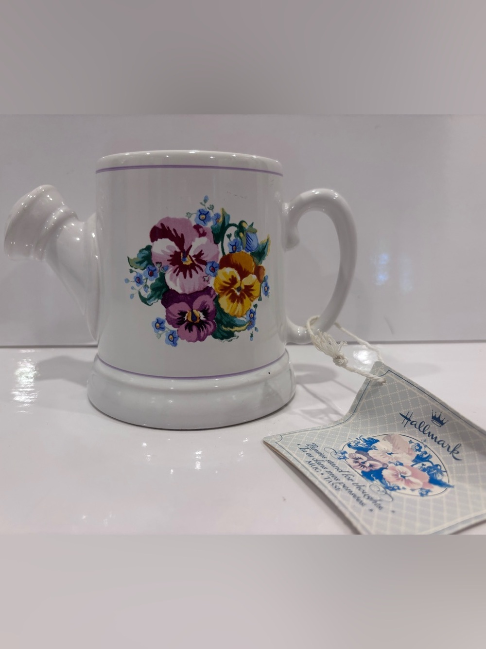 Vintage hallmark pansies stand for thoughts watering can mug with tag